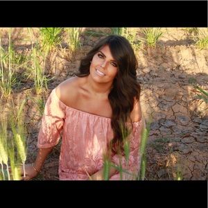Pink, lace, off the shoulder dress